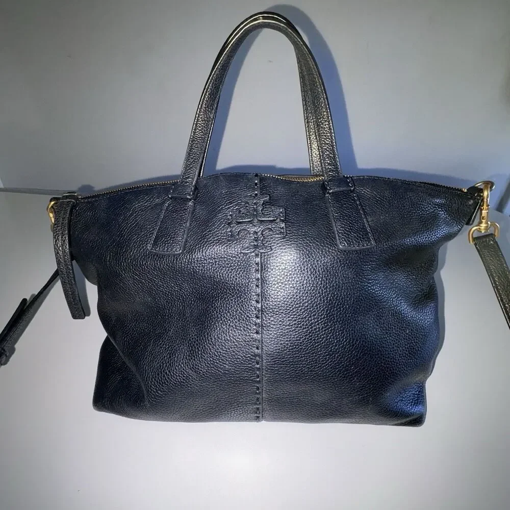 Tory Burch Black Pebbled Leather McGraw Top-Zip Satchel Crossbody Bag